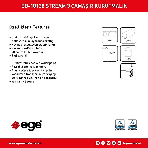 Ege Stream 3Katlı Tekerlekli Çamaşır Askısı Çamaşırlık Kurutmalık