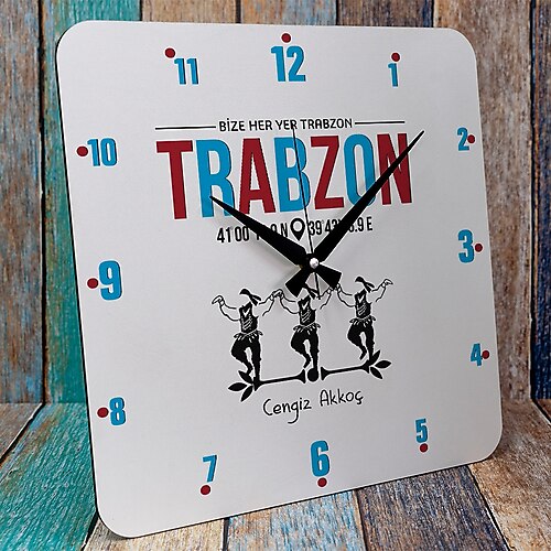 Trabzonlu'ya Hediye Bize Her Yer Trabzon Tasarımlı Ahşap Saat 37cm KA01-1648
