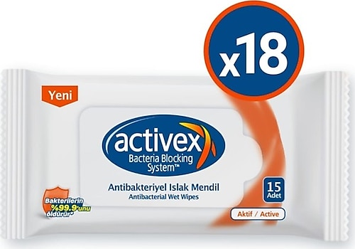 Activex Aktif Antibakteriyel 15 Yaprak 18'li Paket Islak Cep Mendili