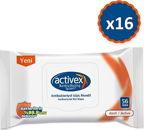 Activex Aktif Antibakteriyel 56 Yaprak 16'lı Paket Islak Mendil