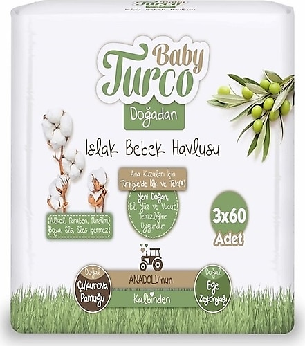 Baby Turco Doğadan Islak Mendil Havlu Kapaklı 3x60 Yaprak