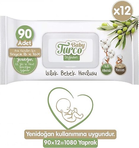 Baby Turco Doğadan Yenidoğan Islak Bebek Havlusu 12x90 Yaprak
