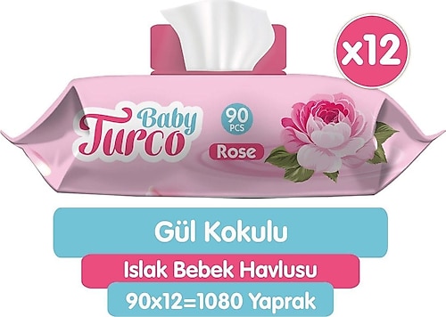Baby Turco Gül Kokulu 90 Yaprak 12'li Paket Islak Bebek Havlusu