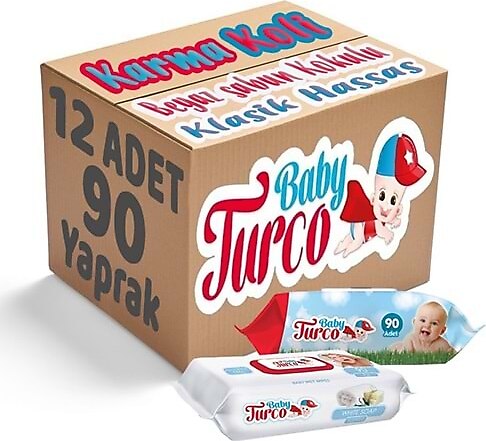 Baby Turco Islak Havlu Mendil 90 Yaprak Plastik Kapaklı Karma 12 Li Set (Klasik-Beyaz Sabun)
