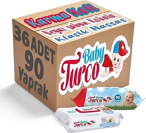 Baby Turco Islak Havlu Mendil 90 Yaprak Plastik Kapaklı Karma 36 Lı Set (Klasik-Beyaz Sabun)
