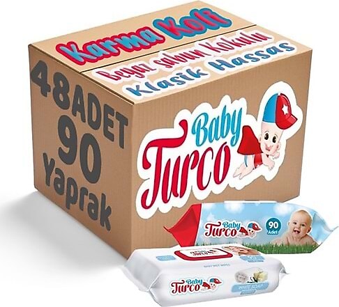 Baby Turco Islak Havlu Mendil 90 Yaprak Plastik Kapaklı Karma 48 Li Set (Klasik-Beyaz Sabun)