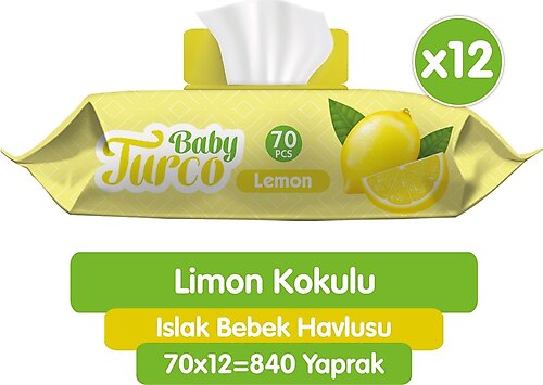 Baby Turco Limon Kokulu 70 Yaprak 12'li Paket Islak Bebek Havlusu