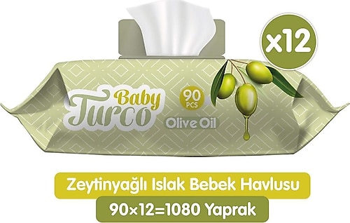 Baby Turco Zeytinyağlı 90 Yaprak 12'li Paket Islak Bebek Havlusu