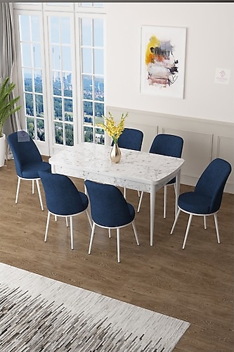Canisa Concept Zen Serisi Mdf Açılabilir Mutfak Masası Takımı ,beyaz Mermer Desen Masa + 6 Adet Sandalye - Lacivert