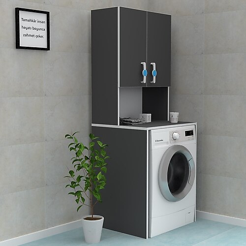Kenzlife çamaşır makinesi dolabı raisa gri 180x066x60 mavi kulp banyo ofis