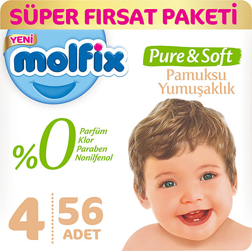 Molfix Pure & Soft 4 Numara Maxi 56 Adet Süper Fırsat Paketi Bebek Bezi