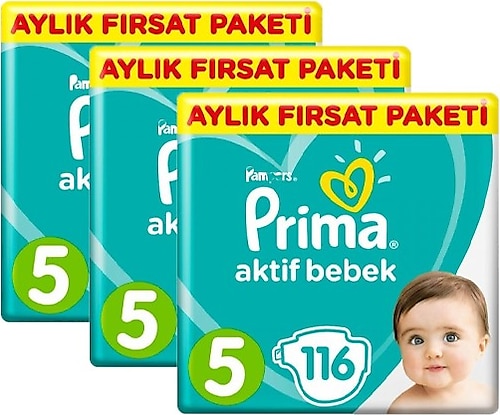 Prima Aktif Bebek 5 Numara Junior 116'lı 3 Paket Bebek Bezi