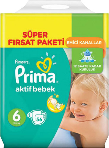 Prima Aktif Bebek 6 Numara Extra Large 56'lı Süper Fırsat Paketi Bebek Bezi