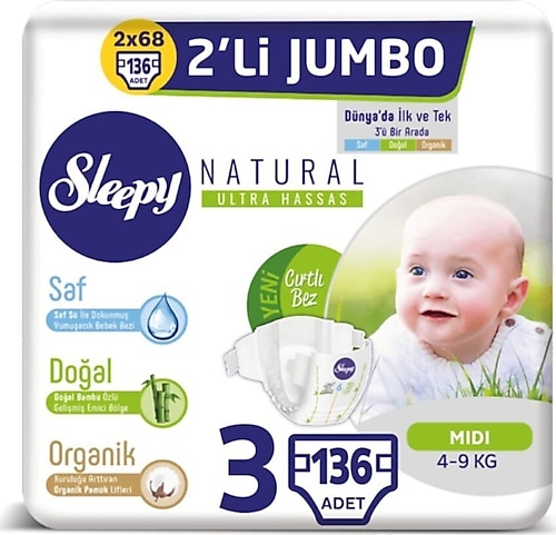 Sleepy Natural 3 Numara Midi 68'li Jumbo 2 Paket Bebek Bezi