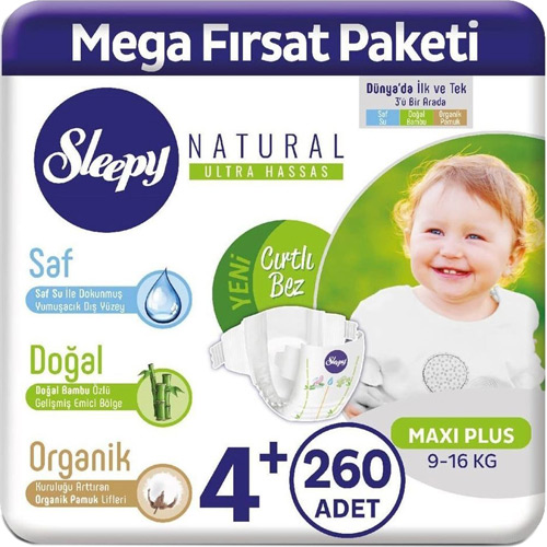 Sleepy Natural 4+ Numara Maxi Plus 260'lı Bebek Bezi