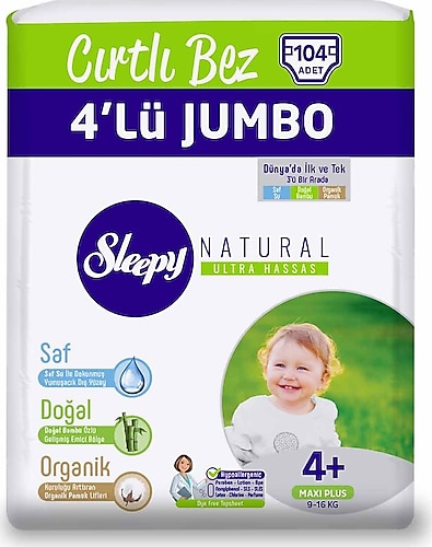 Sleepy Natural 4+ Numara Maxi Plus 52'li Jumbo 2 Paket Bebek Bezi