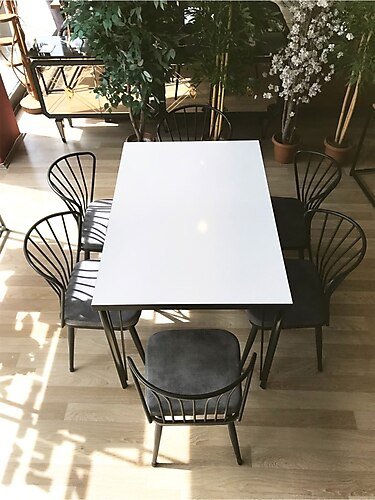 TE-HOME Pera Masa Beyaz Mermer +6 Omega Sandalye Gri