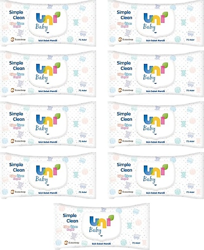 Uni Baby Simple Clean Eğlen Öğren Keşfet 72 Yaprak 9'lu Paket Islak Mendil