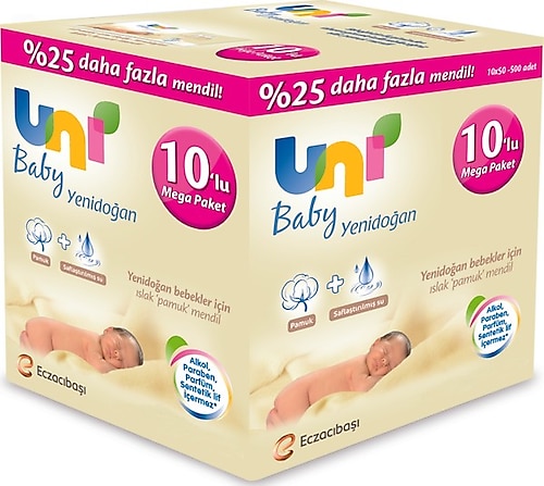 Uni Baby Yenidoğan 50 Yaprak 10'lu Paket Islak Mendil